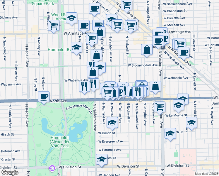 map of restaurants, bars, coffee shops, grocery stores, and more near 1639 North Washtenaw Avenue in Chicago