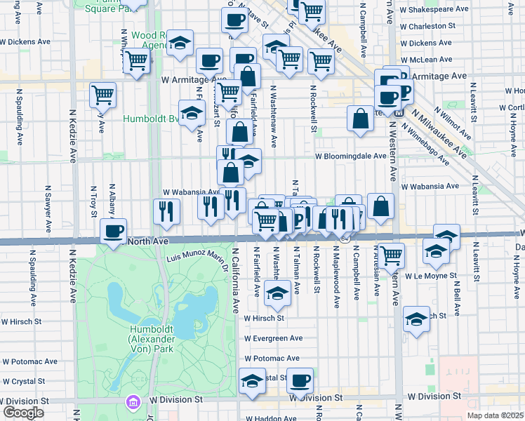map of restaurants, bars, coffee shops, grocery stores, and more near 1642 North Fairfield Avenue in Chicago