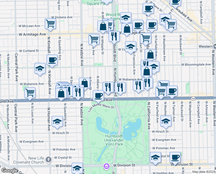 map of restaurants, bars, coffee shops, grocery stores, and more near 1644 North Whipple Street in Chicago