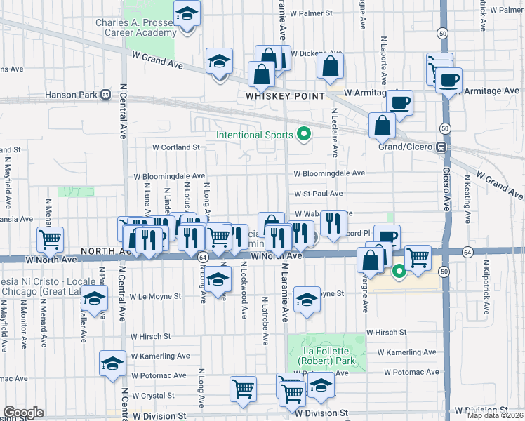 map of restaurants, bars, coffee shops, grocery stores, and more near 1700 North Latrobe Avenue in Chicago