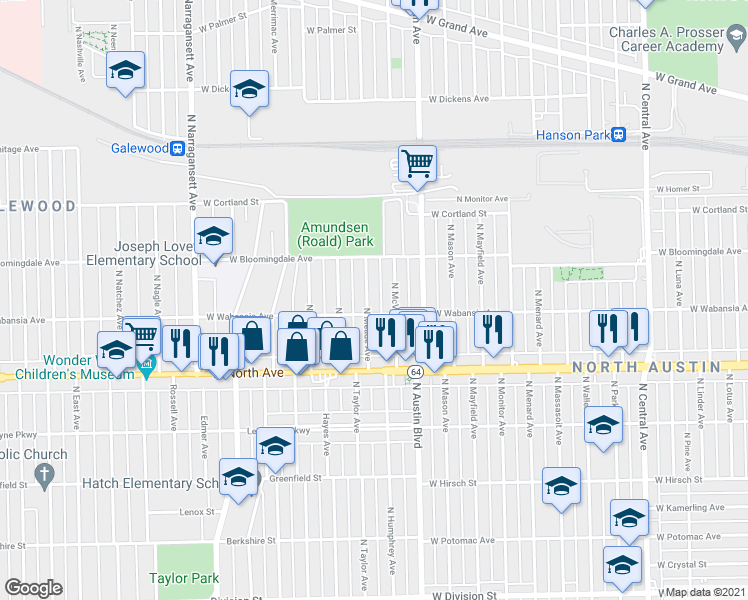 map of restaurants, bars, coffee shops, grocery stores, and more near 1712 North McVicker Avenue in Chicago