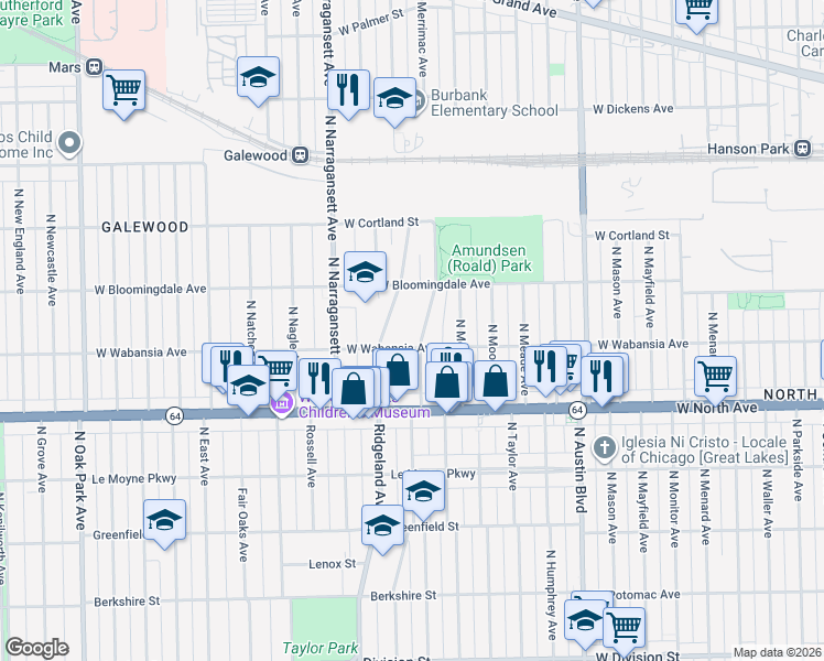 map of restaurants, bars, coffee shops, grocery stores, and more near 1715 North Merrimac Avenue in Chicago