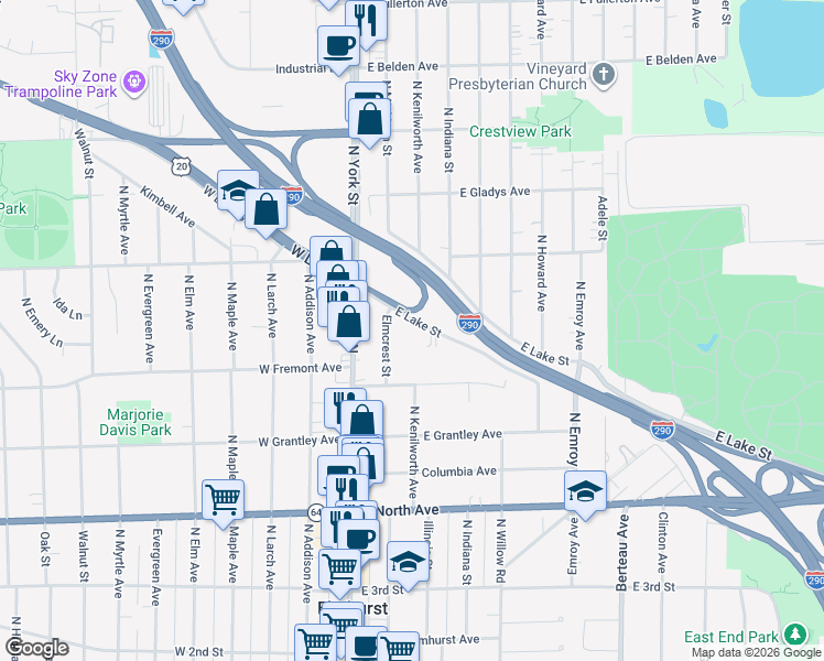 map of restaurants, bars, coffee shops, grocery stores, and more near 150 East Lake Street in Elmhurst