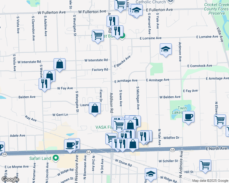 map of restaurants, bars, coffee shops, grocery stores, and more near 843 Addison Road in Addison