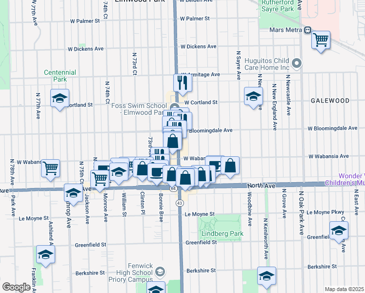 map of restaurants, bars, coffee shops, grocery stores, and more near 1725 North Harlem Avenue in Chicago