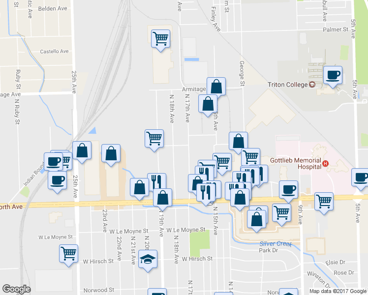 map of restaurants, bars, coffee shops, grocery stores, and more near 1978 North 17th Avenue in Melrose Park