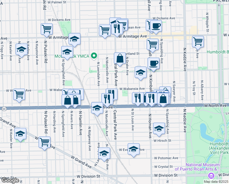 map of restaurants, bars, coffee shops, grocery stores, and more near 1648 North Central Park Avenue in Chicago
