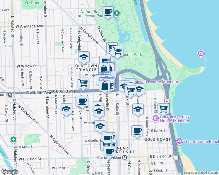 map of restaurants, bars, coffee shops, grocery stores, and more near 1611 North Wells Street in Chicago