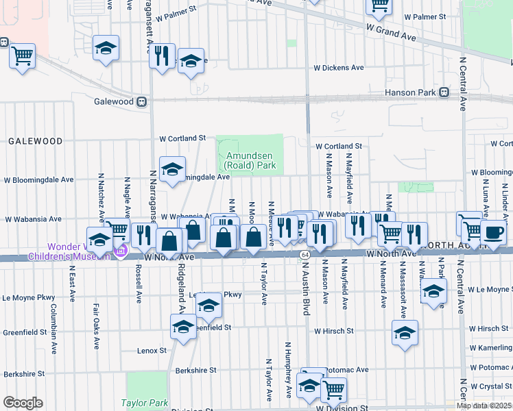 map of restaurants, bars, coffee shops, grocery stores, and more near 1715 North Moody Avenue in Chicago