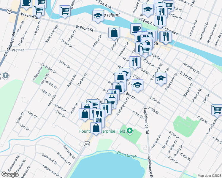 map of restaurants, bars, coffee shops, grocery stores, and more near 617 Cass Street in Monroe