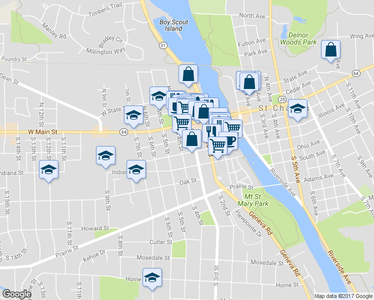 map of restaurants, bars, coffee shops, grocery stores, and more near 314 Illinois Street in St. Charles