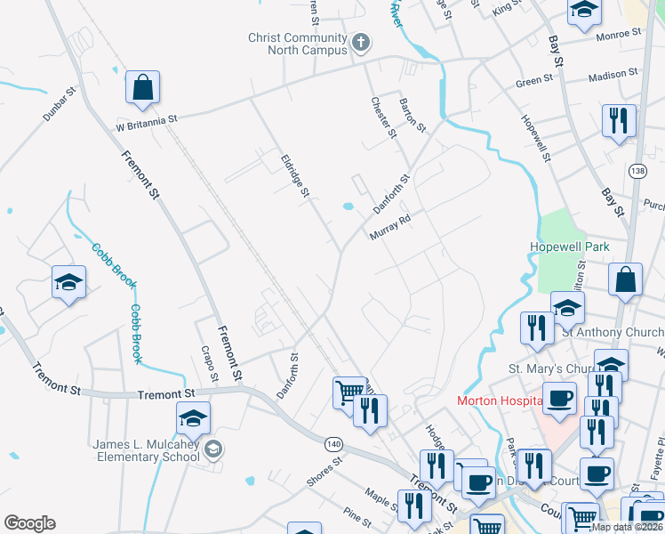 map of restaurants, bars, coffee shops, grocery stores, and more near 64 Danforth Street in Taunton