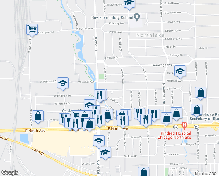 map of restaurants, bars, coffee shops, grocery stores, and more near 26 Belle Drive in Northlake