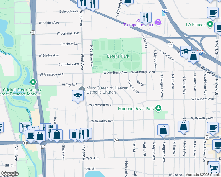 map of restaurants, bars, coffee shops, grocery stores, and more near 444 Highland Avenue in Elmhurst