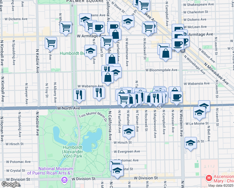 map of restaurants, bars, coffee shops, grocery stores, and more near 1642 North Fairfield Avenue in Chicago