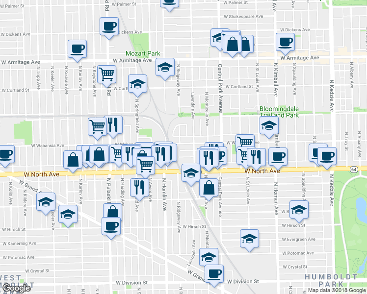 map of restaurants, bars, coffee shops, grocery stores, and more near 3721 West Wabansia Avenue in Chicago