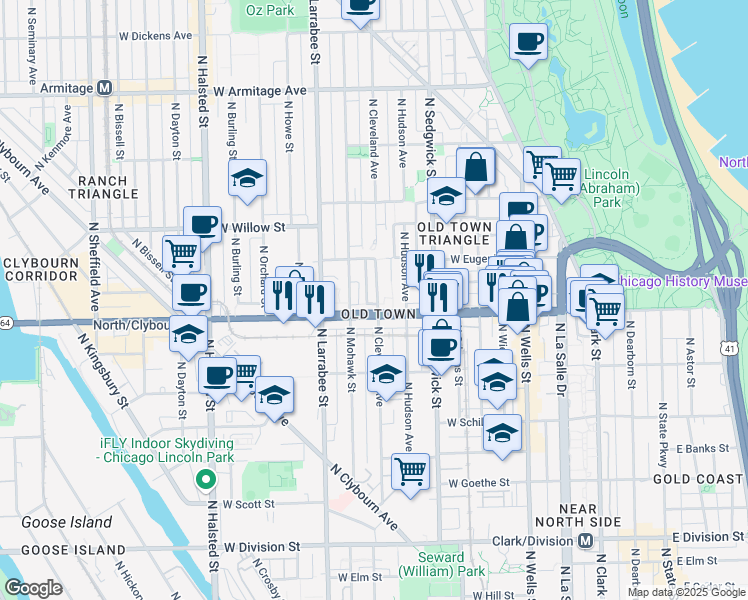 map of restaurants, bars, coffee shops, grocery stores, and more near 1612 North Cleveland Avenue in Chicago