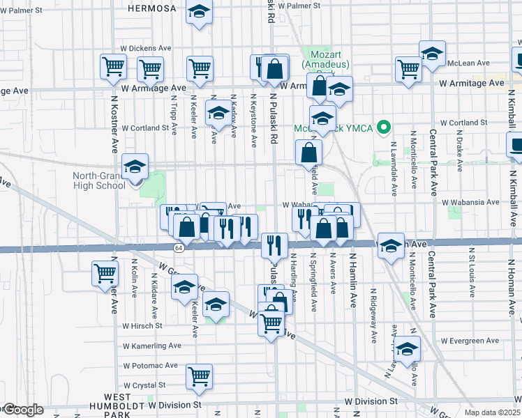 map of restaurants, bars, coffee shops, grocery stores, and more near 1653 North Keystone Avenue in Chicago