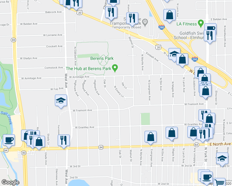 map of restaurants, bars, coffee shops, grocery stores, and more near 450 North Emery Lane in Elmhurst