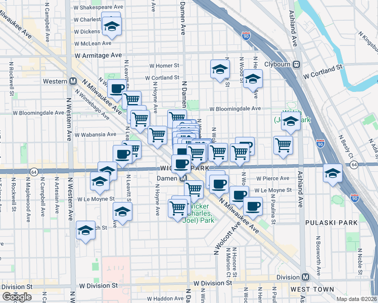 map of restaurants, bars, coffee shops, grocery stores, and more near 1632 North Winchester Avenue in Chicago