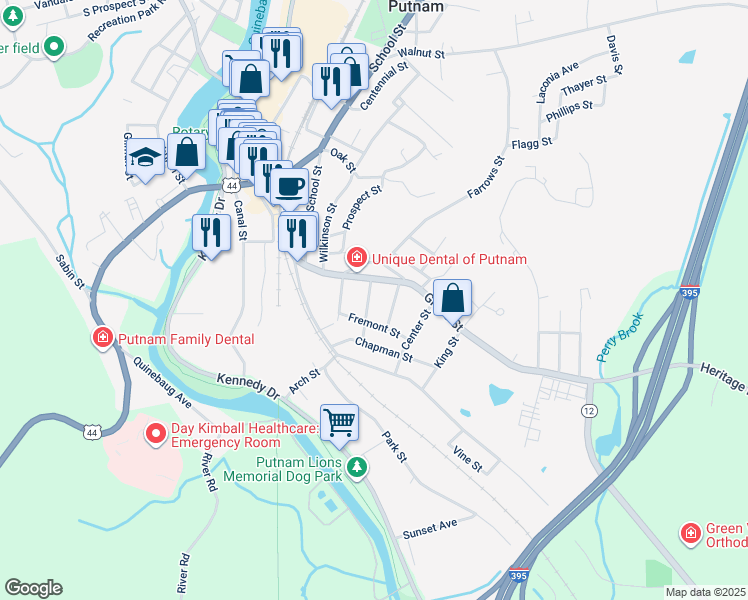 map of restaurants, bars, coffee shops, grocery stores, and more near 18 Pleasant Street in Putnam