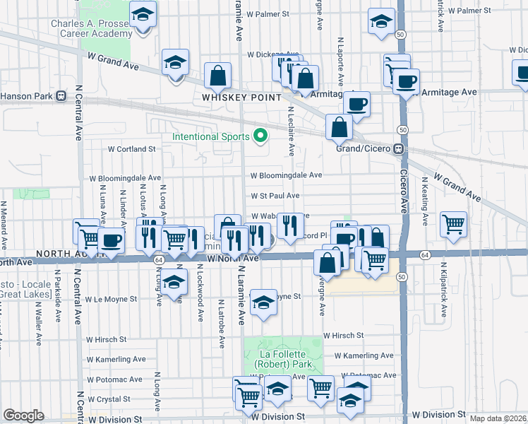 map of restaurants, bars, coffee shops, grocery stores, and more near 5146 West Wabansia Avenue in Chicago