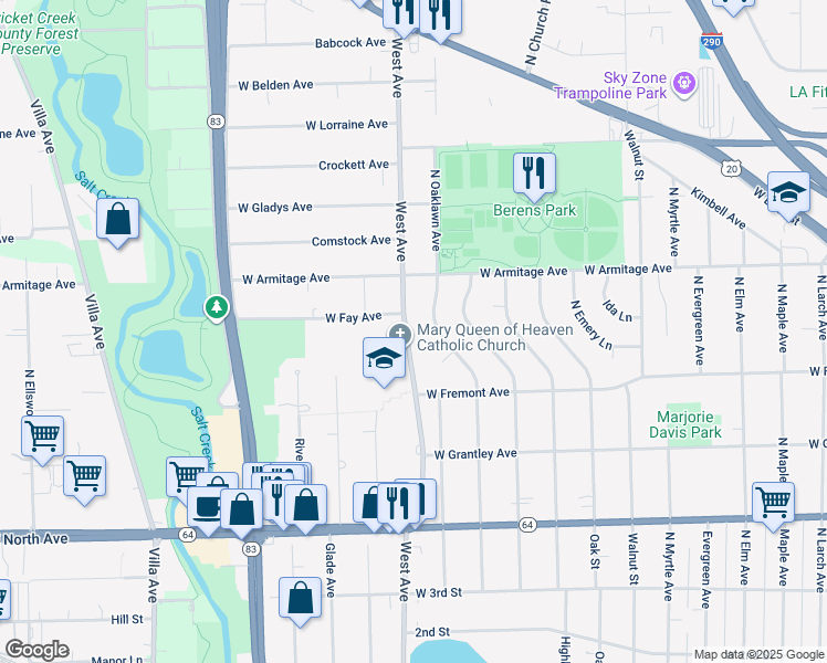 map of restaurants, bars, coffee shops, grocery stores, and more near 451 West Avenue in Elmhurst