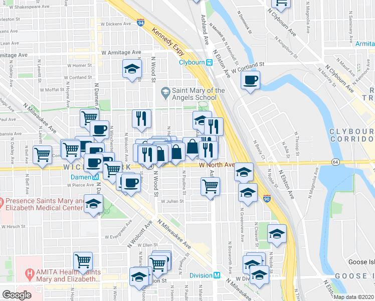 map of restaurants, bars, coffee shops, grocery stores, and more near 1628 North Paulina Street in Chicago