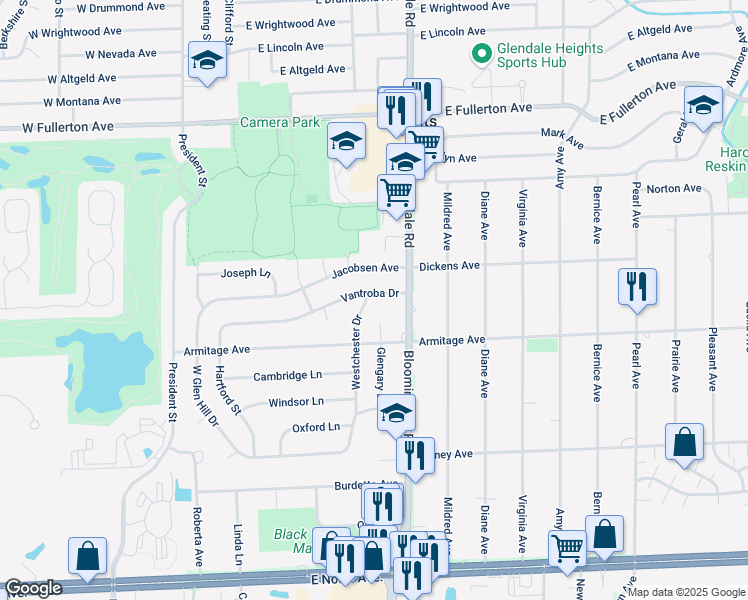 map of restaurants, bars, coffee shops, grocery stores, and more near 169 Vantroba Drive in Glendale Heights