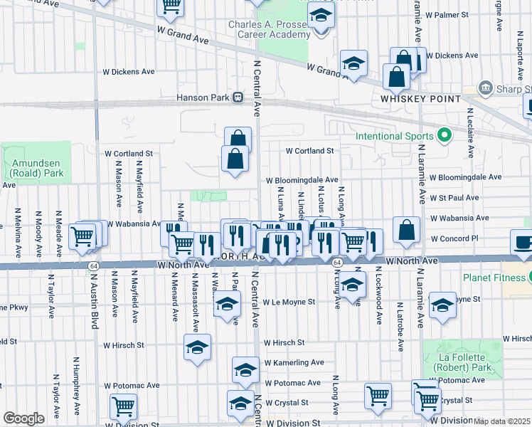map of restaurants, bars, coffee shops, grocery stores, and more near 1711 North Central Avenue in Chicago