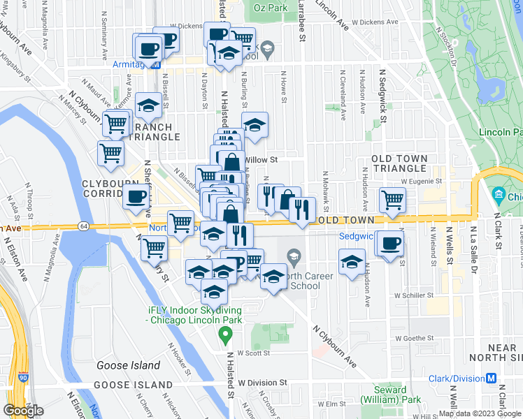 map of restaurants, bars, coffee shops, grocery stores, and more near 1614 North Orchard Street in Chicago