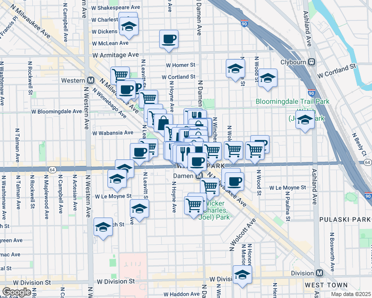 map of restaurants, bars, coffee shops, grocery stores, and more near 1649 North Milwaukee Avenue in Chicago