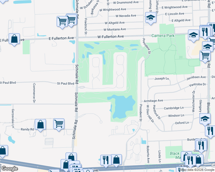 map of restaurants, bars, coffee shops, grocery stores, and more near 94 Golfview Drive in Glendale Heights