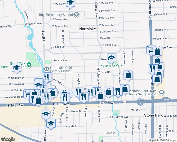 map of restaurants, bars, coffee shops, grocery stores, and more near 208 Belle Drive in Northlake