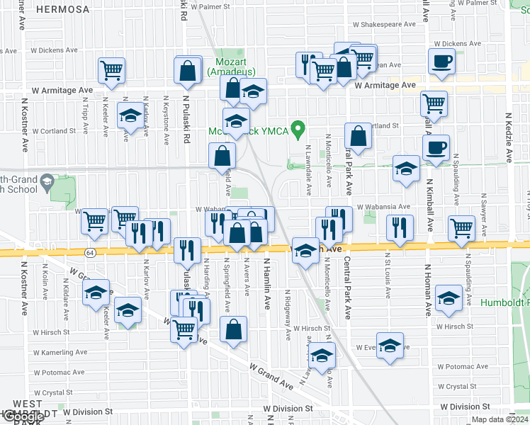 map of restaurants, bars, coffee shops, grocery stores, and more near 3803 West Wabansia Avenue in Chicago