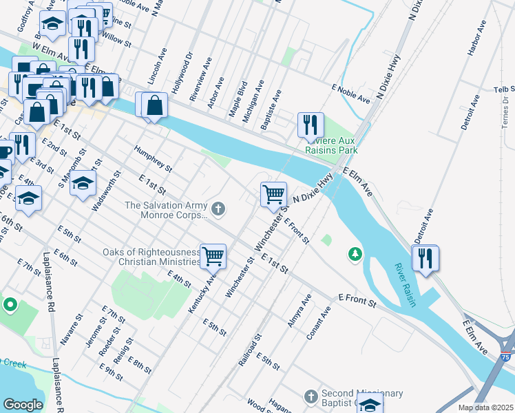 map of restaurants, bars, coffee shops, grocery stores, and more near 49 Kentucky Avenue in Monroe