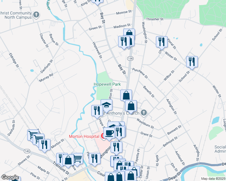 map of restaurants, bars, coffee shops, grocery stores, and more near 22 Dartmouth Street in Taunton