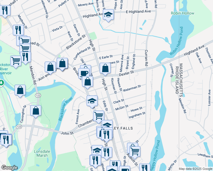 map of restaurants, bars, coffee shops, grocery stores, and more near 401 High Street in Cumberland