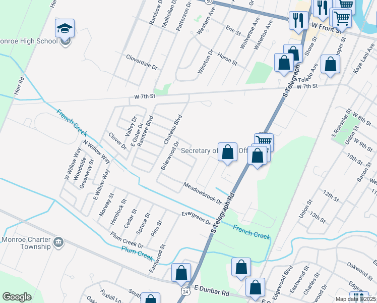 map of restaurants, bars, coffee shops, grocery stores, and more near 1678 Buckingham Drive in Monroe