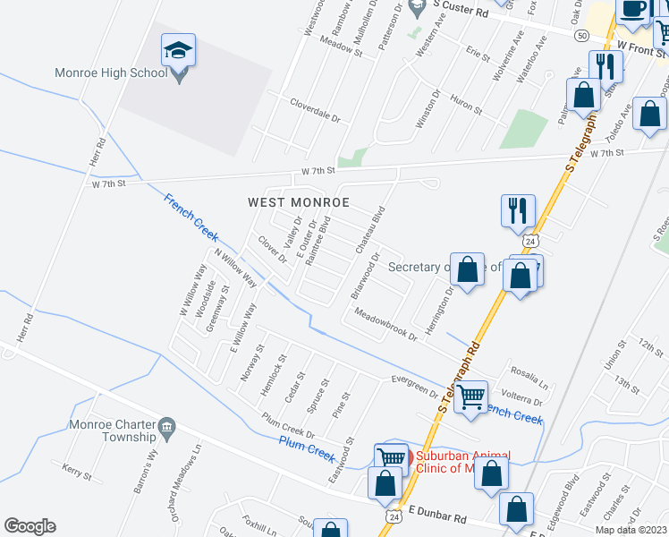 map of restaurants, bars, coffee shops, grocery stores, and more near 1832 Everest Drive in Monroe