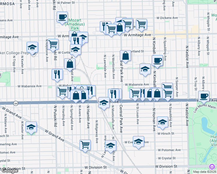map of restaurants, bars, coffee shops, grocery stores, and more near 3651 West Wabansia Avenue in Chicago