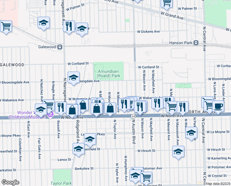 map of restaurants, bars, coffee shops, grocery stores, and more near 1715 North Moody Avenue in Chicago