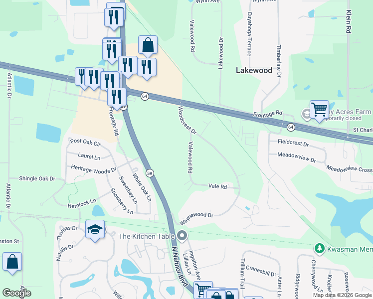 map of restaurants, bars, coffee shops, grocery stores, and more near 32 Valewood Road in West Chicago