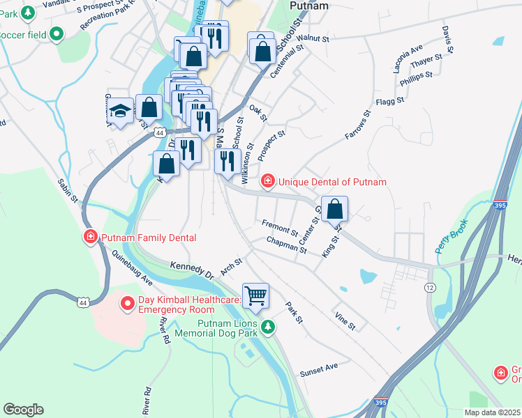 map of restaurants, bars, coffee shops, grocery stores, and more near 19 Bradley Street in Putnam