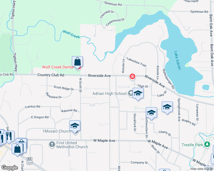 map of restaurants, bars, coffee shops, grocery stores, and more near 955 Hillcrest Drive in Adrian