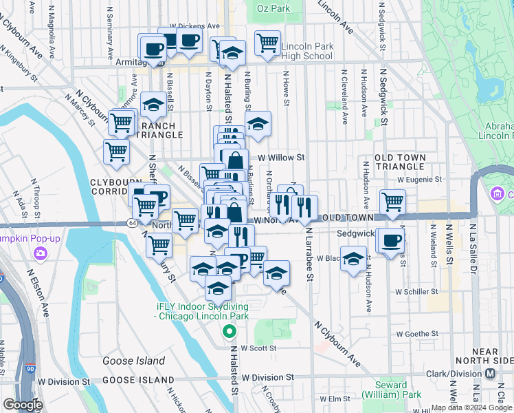 map of restaurants, bars, coffee shops, grocery stores, and more near 1615 North Burling Street in Chicago