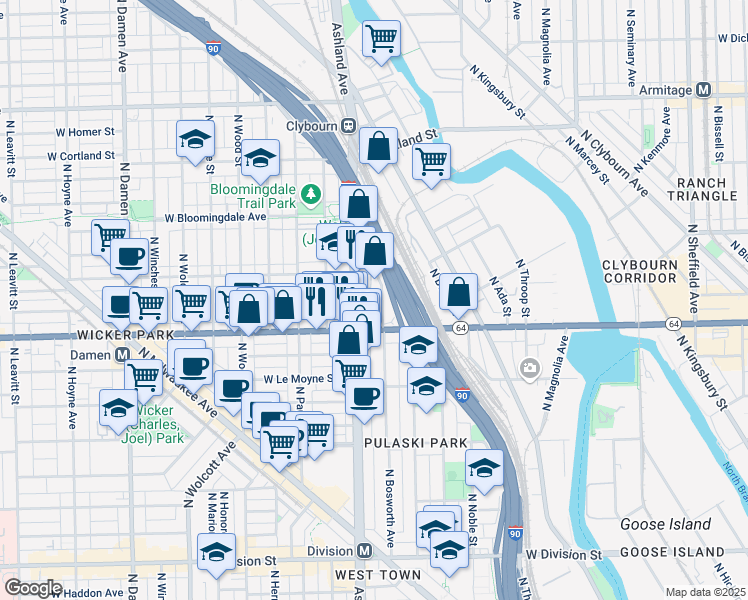 map of restaurants, bars, coffee shops, grocery stores, and more near 1629 North Ashland Avenue in Chicago