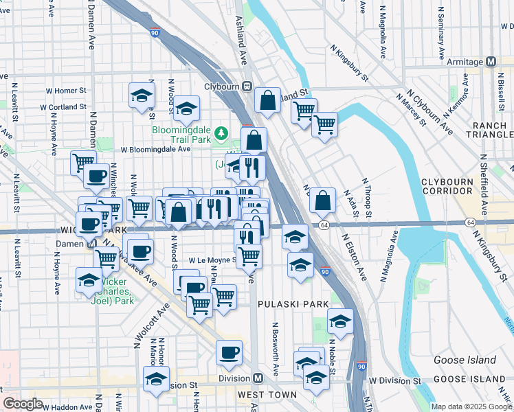 map of restaurants, bars, coffee shops, grocery stores, and more near 1629 North Ashland Avenue in Chicago