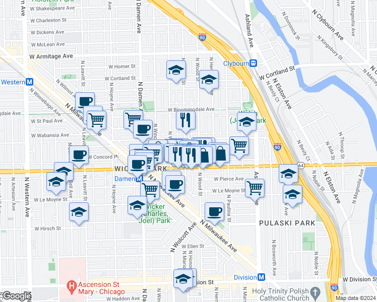 map of restaurants, bars, coffee shops, grocery stores, and more near 1629 North Honore Street in Chicago