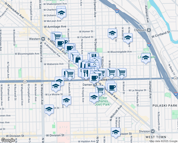 map of restaurants, bars, coffee shops, grocery stores, and more near in Chicago